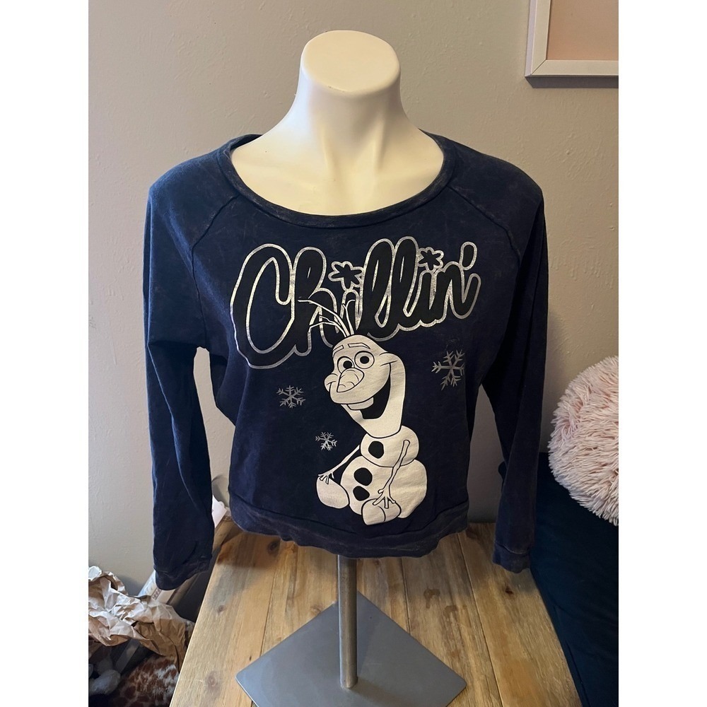 Disney Frozen Olaf Chillin Sweatshirt Womens Size Medium Navy Blue Long Sleeve